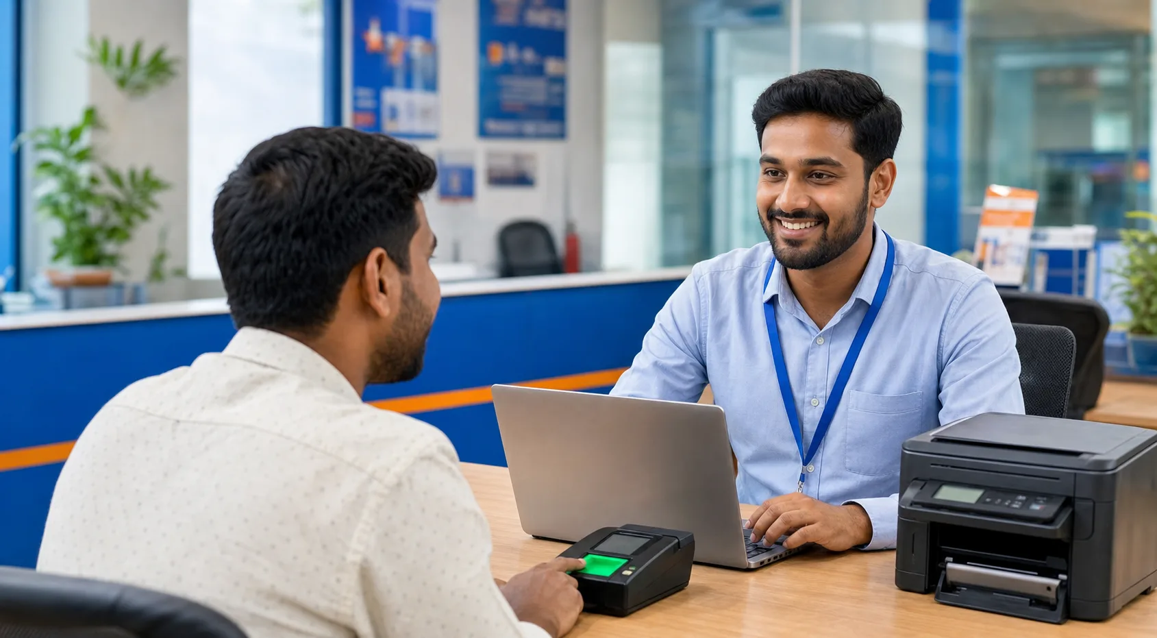 A customer receiving help at a digital government services counter